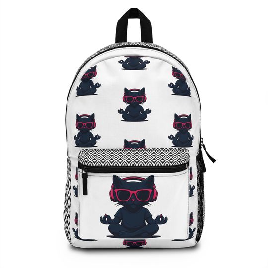 Cool Music Cat Meditation Backpack - Trendy Student Bag, Casual Daypack, Gift for Cat Lovers, Yoga Enthusiasts, Kawaii Style, Back to School