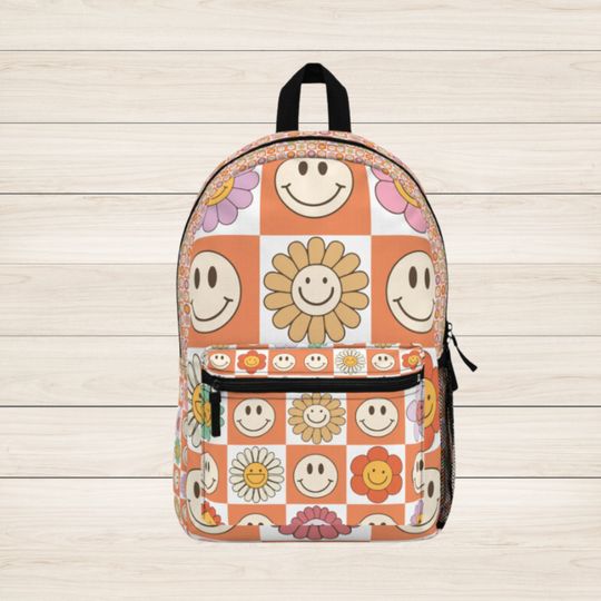 Personalized Backpack With Name, Custom Name Backpack, Retro Backpack, Smiley Face Backpack, Customized Gift, Backpack Back To School