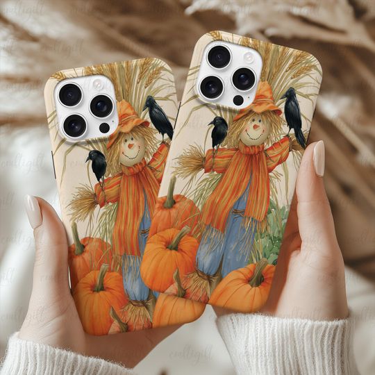 Cute Halloween Scarecrow Phone Case, Autumn Aesthetic Phone Cover, Cottagecore Pumpkin