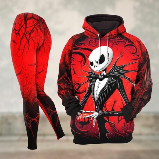 Jack Skellington Hoodie & Leggings Set, Halloween 3D Outfit, Spooky Jack Skellington Hoodie, Halloween Party Wear