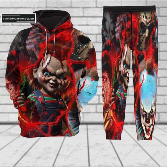 Halloween Chucky Hoodie Jogger Set, Horror Movie Unisex Shirt, Bride of Chucky Character Yoga Pants