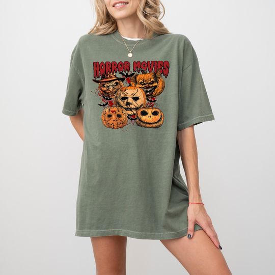 Comfort Colors Horror Movie Halloween T-Shirt with Spooky Pumpkins and Characters for Women