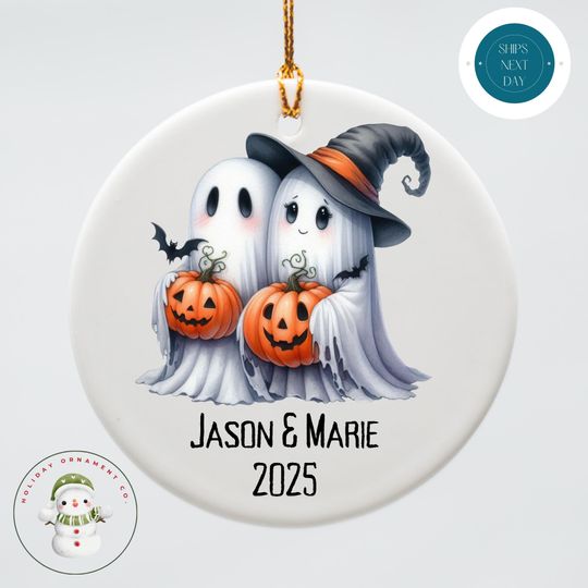 Personalized Couple Ghosts Halloween Ornament | Cute Couples Ceramic Holiday Ornament