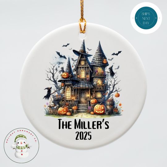 Personalized Spooky Haunted House Halloween Ceramic Holiday Ornament | Spooky Holiday Gift