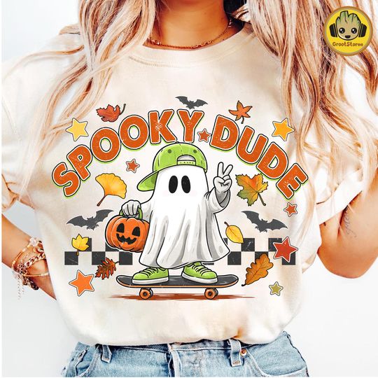 Retro Spooky Dude T-Shirt Design for Kids, Halloween Ghost and Fall Vibes