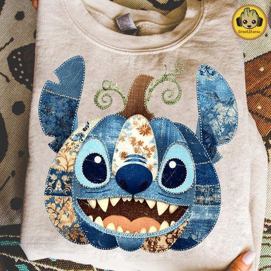Retro Blue Alien Cartoon Pumpkin Sweatshirt, Preppy Fall Floral Pumpkin Print, Denim Pumpkin Spice Pullover, Patchwork Pumpkin Design