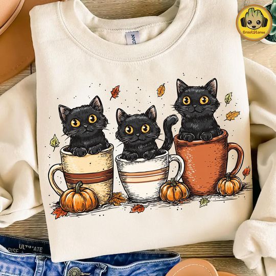 Retro Halloween Black Cat and Pumpkin Sweatshirt, Cat Mom Pumpkin Fall Vibes Design, Autumn Spooky Season Cat Lover Shirt