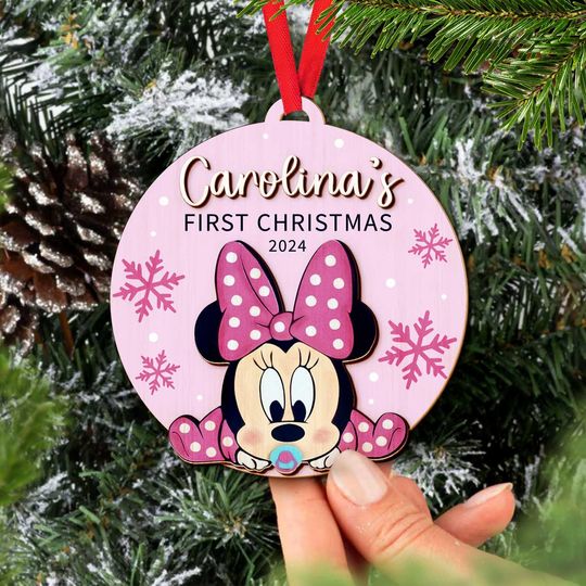 Personalized Name Minnie Christmas Ornament, Baby's First Christmas Ornament