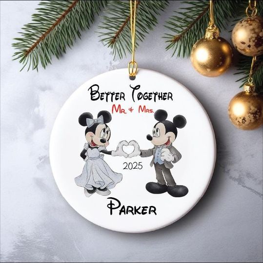 Personalized Minnie Mickey Engaged Ornament, Custom Just Married Ornament