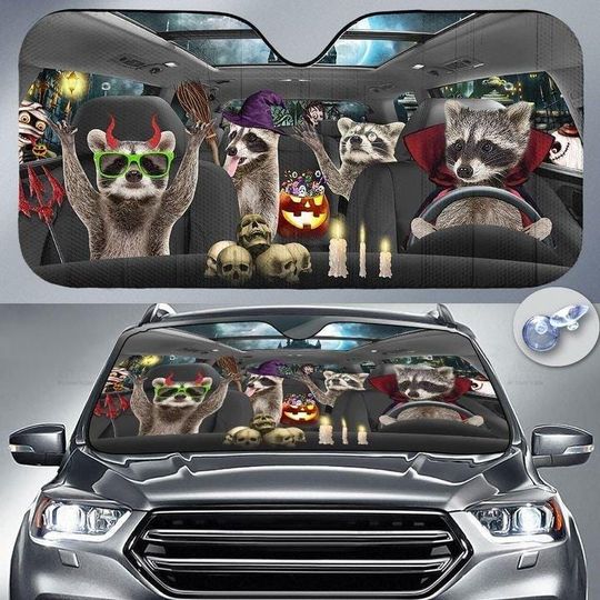 Halloween Raccoon Car Sun Shade, Horror Auto SunShade, Animal Car Sun Shade, Sun Shade For Car, Halloween Gift