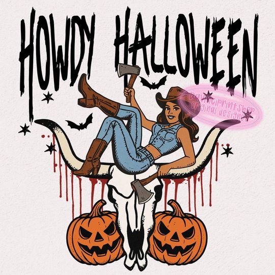 Cowgirl Halloween T-Shirt Design, Spooky Cute Western Halloween Clipart, Country Halloween