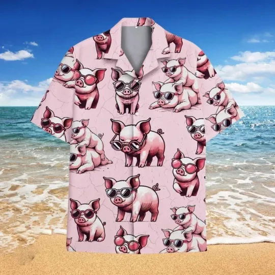 Cute Pig Hawaii Shirt, Unisex Pink Pig Summer Shirt