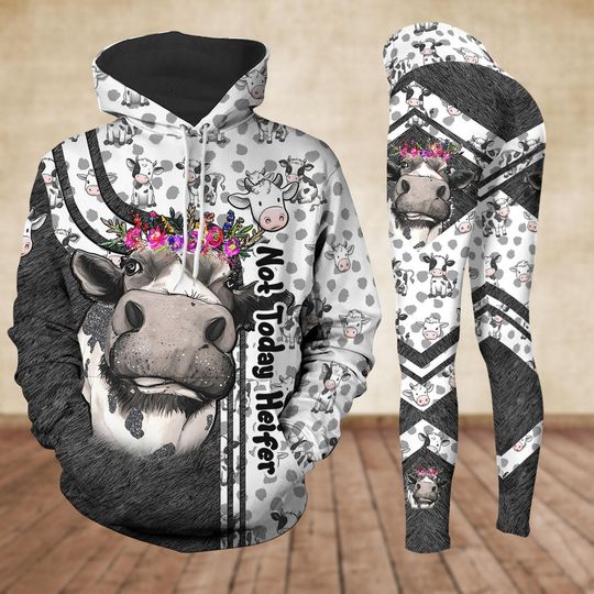Cute Cow Hoodie Legging Set, Not Today Heifer Shirt, Funny Farm Animal Shirt, Highland Cow Workout Legging, Gift For Friends