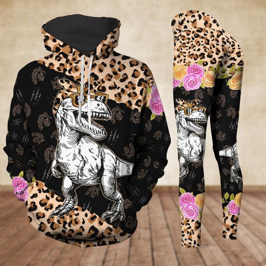 Dinosaur Hoodie Legging Set, Cute Women Legging, Funny Trex Floral Outfit, Dino Lovers Shirt For Women, Sassy Jurassic Pant, Gift For Her