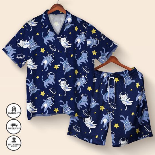 Space Cat Hawaiian Shirt & Shorts Set, Funny Galaxy Cat Button-Up Outfit
