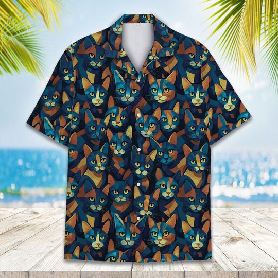 Cat Hawaiian Shirt, Colorful Cat Face Shirt, Funny Animal Print Short Sleeve
