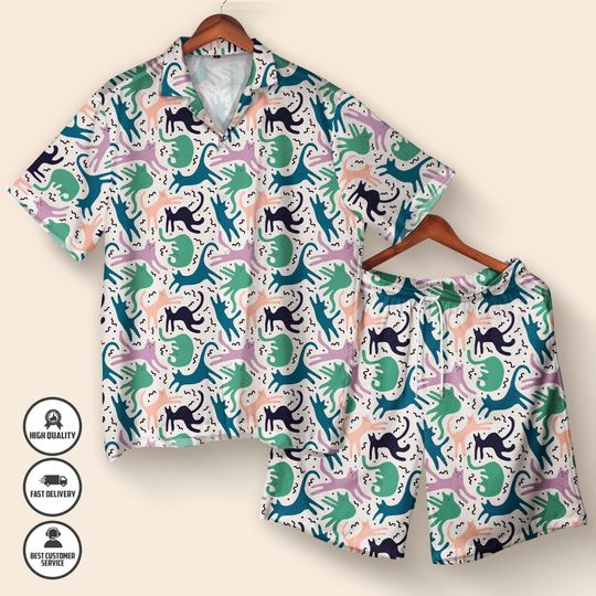 Cat Hawaiian Shirt & Shorts Set  Funny Cute Cat Button-Up Outfit  Summer Animal Lover Gift
