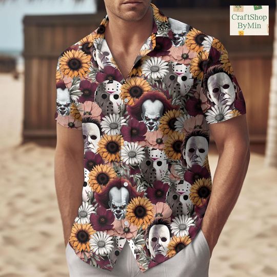 Horror Movie Sunflower Hawaiian Shirt, Horror Button Shirt, Slasher Floral Shirt, Gift for Horror Fan, Summer Vacation Shirt