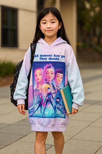 KPop Demon Hunter Hoodie Dress for Girls  All-Over Print Long Hoodie, Korean Streetwear, Anime Kawaii Outfit, 200 GSM Soft Fabric