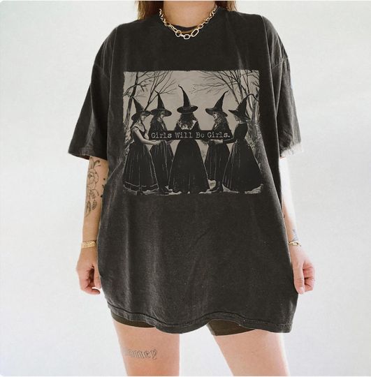 Vintage Girls Will Be Girls Witch T-Shirt, Funny Witch Halloween Top, Witchy Vibes Women’s Tee