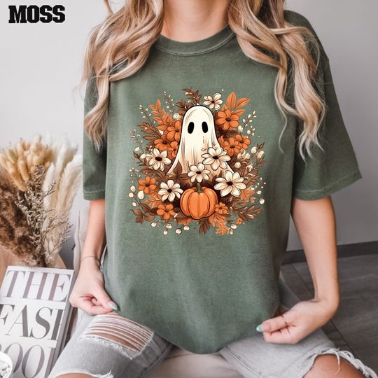 Comfort Colors Floral Ghost Shirt, Cute Ghost T Shirt, Halloween Ghost Shirt