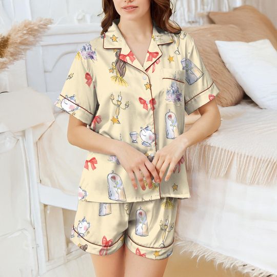 Watercolor Belle Princess Pajamas Short Set,Disney Princess Pjs, Coquette Bow Belle Pajamas, Beauty and the beast pajamas