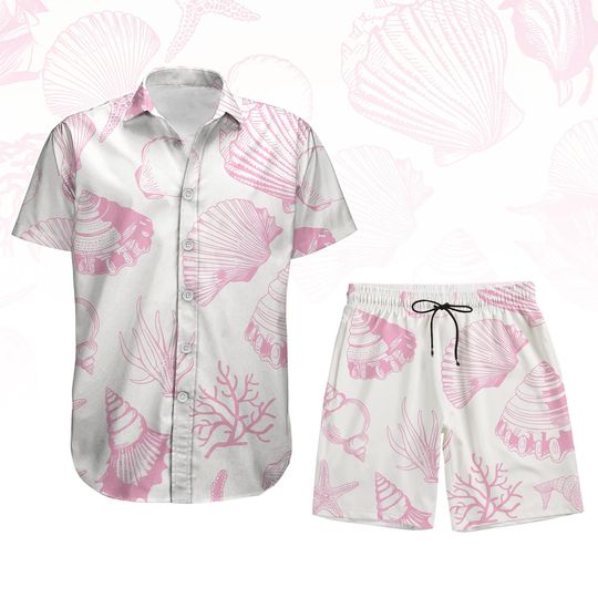 Pink Seashell Hawaiian Shirt, Seashell Beach Shirt And Shorts, Coquette Seashells Short Sleeve Shirt, Mermaid Bachelorette Tee Shirt Men