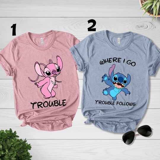 Disney Stitch and Angel Couple Shirt, Where I Go Trouble Follows Shirt, Disney Couple Matching Shirts, Disney