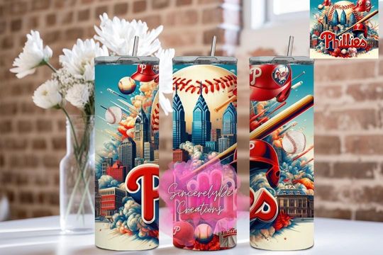 Phillies wit Skyline Tumbler, 20 oz Skinny Straight Tumbler. Stainless Steel Tumbler Cup with Lid and Straw.