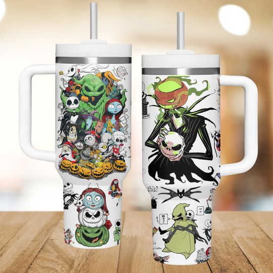Nightmare Before Christmas 40oz Tumbler, Jack And Sally Tumbler For Fan, Spooky Halloween Drinkware Tumbler, Oogie Boogie Tumbler