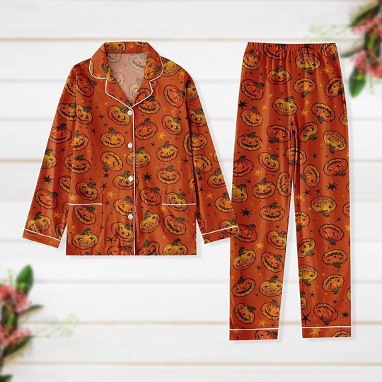 Cute Pumpkin Pajamas Set, Ghost Pumpkin Women Pajamas, Pumpkin Lover Gift, Tis The Season Pjs