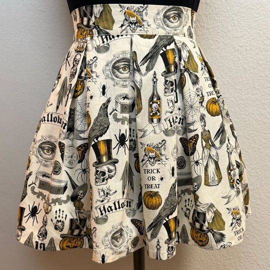Handmade Skirt with POCKETS! Printed Pleated High Waisted Skater Skirt