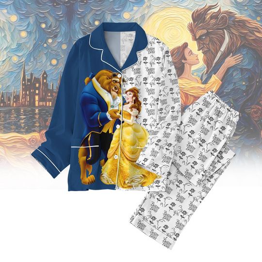 Beauty and the Beast Pajama Set, Starry Night Inspired Disney Sleepwear, Belle and Beast Romantic Long PJs, Gift For Her, Pajamas Women