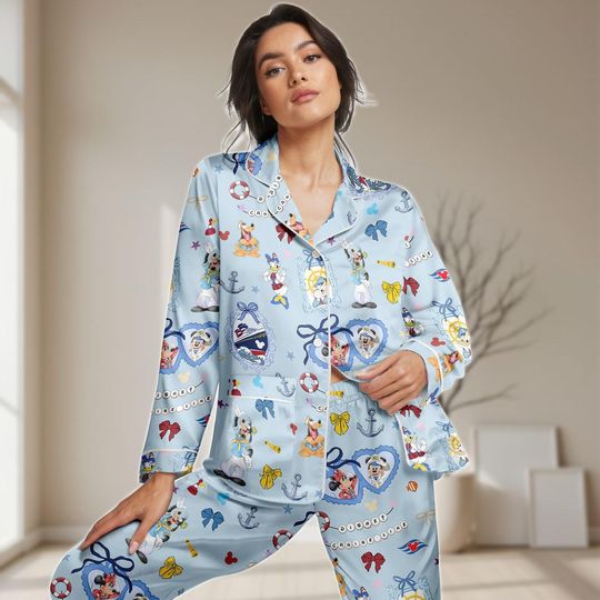 Mickey Cruise Long Satin Pajamas Set, Disney Cruise Women Pajamas, Mickey & Friends Sleepwear, Disney Vacation Pjs, Funny Cartoon Gifts