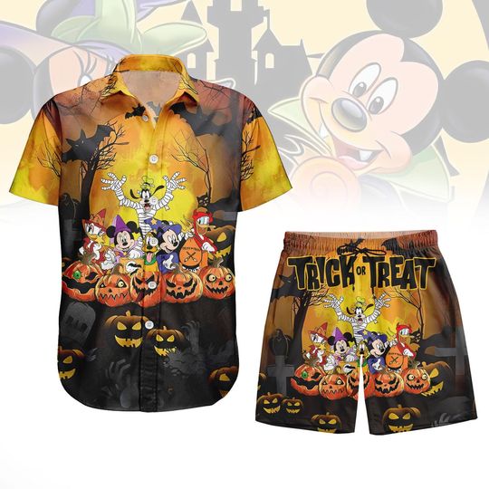 Trick or Treat Halloween Hawaiian Shirt and Shorts, Mickey Friends Pumpkin Hawaiian Shirt, Haunted House Shirt, Spooky Disney