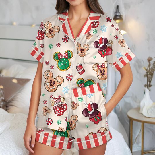 Disney Snacks Christmas Pajamas Set, Mickey Candy Christmas Pajamas, Disneyland Matching Pajamas, Girly Disney Sleepwear