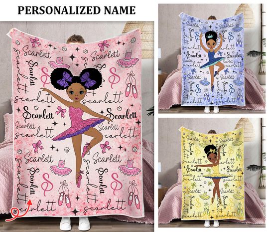Personalized Black Ballerina Blanket, Custom African American Birthday Gift, Peekaboo Girl Blanket, Little Afro Ballerina Blanket
