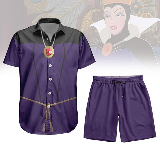 Evil Queen Hawaiian Shirt and Shorts, Disney Villain Button Shirt, Disney Villain Evil Queen Halloween Outfit, Costume Cosplay Gift