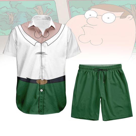 Peter Griffin Hawaiian Shirt and Shorts, Family Guy Button Shirt, Funny Cartoon Outfit, Halloween Cosplay Hawaiian Gift, Gift For Him