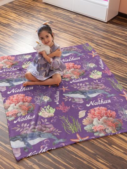 Personalized Coral Life Blanket, Custom Under the Sea Blanket, Customized Whale Sherpa Blankie, Ocean Baby Shower Gift, Cute Sea World Throw