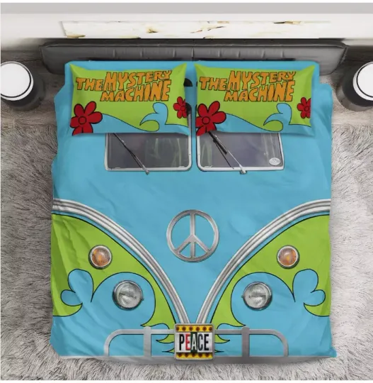 Love Scooby Doo Cartoon Mystery Machine Hippie Van Peace 3D Quilt Bedding Set