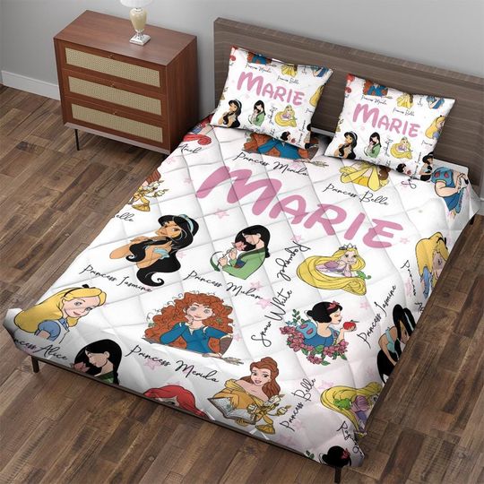 Custom Disneyland Princess Bedding Set, Custom Name Baby Girl Bedding Set, Disney Princess Birthday Girl Gift,