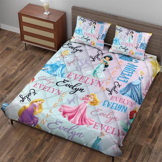 Personalized Watercolor Disney Princess Bedding Set, Custom Name Baby Girl Bedding Set, Disney Princess Birthday Girl Gift