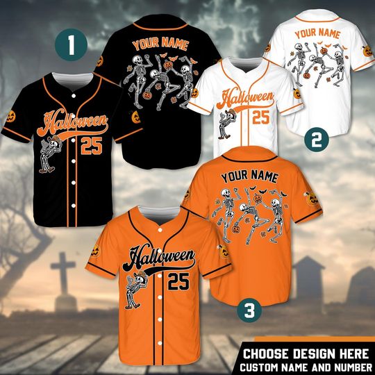 Custom Halloween Baseball Jersey Shirt, Dancing Skeleton Pumpkin Costume, Funny Spooky Party Outfit, Scary Trick or Treat Top, Spooky Shirt