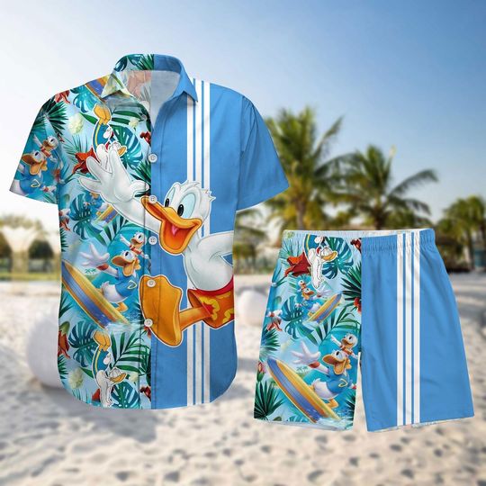 Donald Duck Surfing Hawaiian Shirt and Short, Beach Donald Shirt, Disney Vacation Tee, Summer Travel Shirt, Matching Family Disney Top