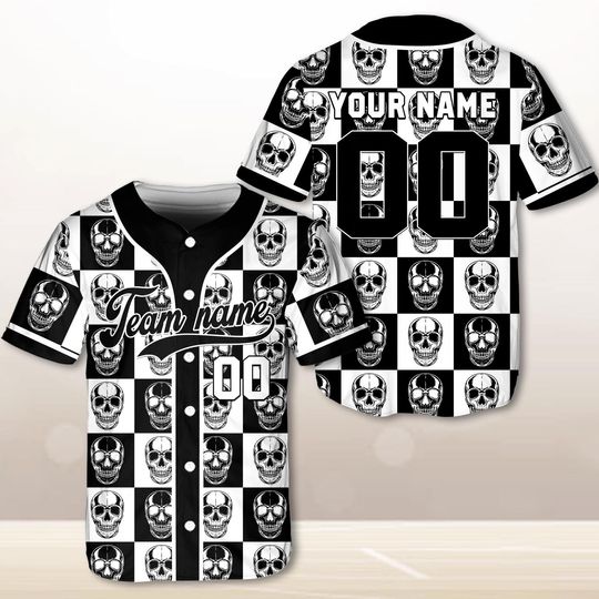 Skull Checkerboard Baseball Jersey, Custom Name & Number