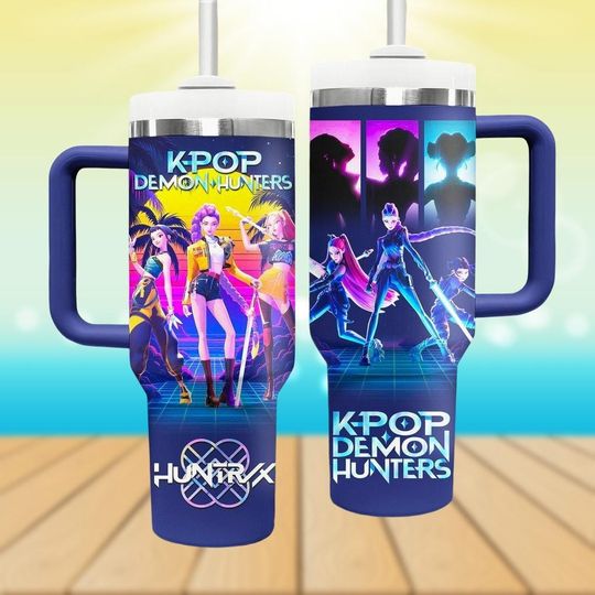 Kpop Huntrix 40oz Tumbler, Demon Hunters, Mira, Rumi, Zoey, Derpy Tiger Tee, Gift for fan