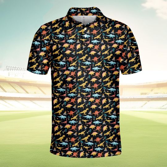Dinosaur Polo Shirt, Colorful Dino Shirt Short Sleeve Button Up