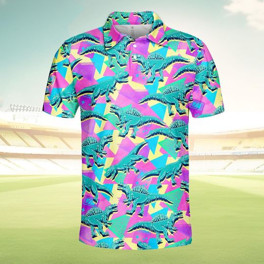 Vaporwave Dinosaur Polo Shirt, Neon 80s Spinosaurus Shirt with Geometric Pastel Pattern