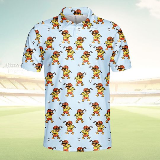 Funny Duck Golf Polo Shirt, Cute Cartoon Duck Golfer Shirt Button Up